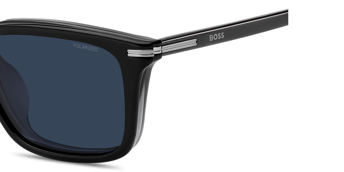 Shop Hugo Boss Clip-On Wide Square Eyeglasses in Black Shaded Grey online.