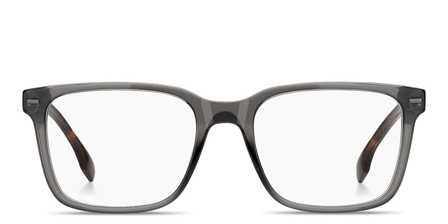 Shop Hugo Boss Logo Lettering Wide Rectangle Eyeglasses in Transparent Grey online.