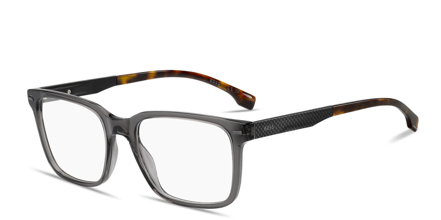 Shop Hugo Boss Logo Lettering Wide Rectangle Eyeglasses in Transparent Grey online.