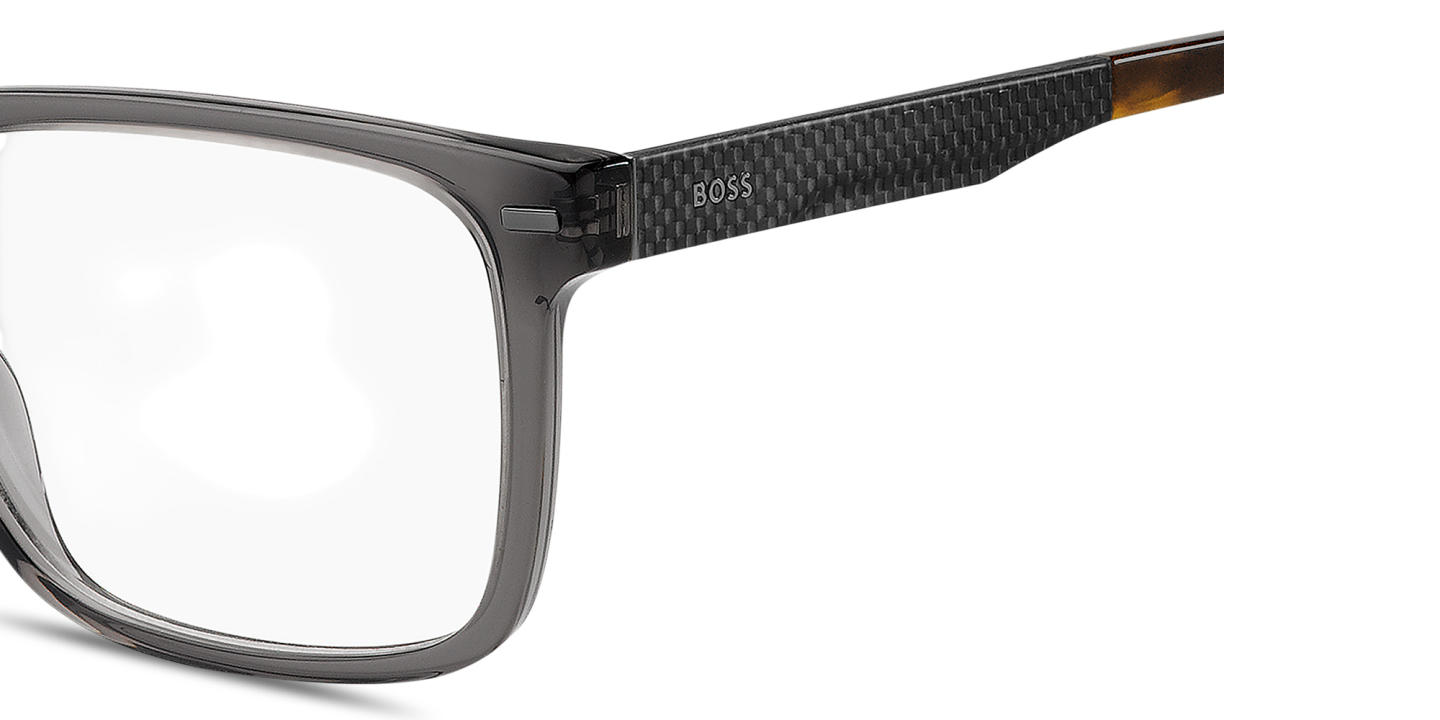 Shop Hugo Boss Logo Lettering Wide Rectangle Eyeglasses in Transparent Grey online.