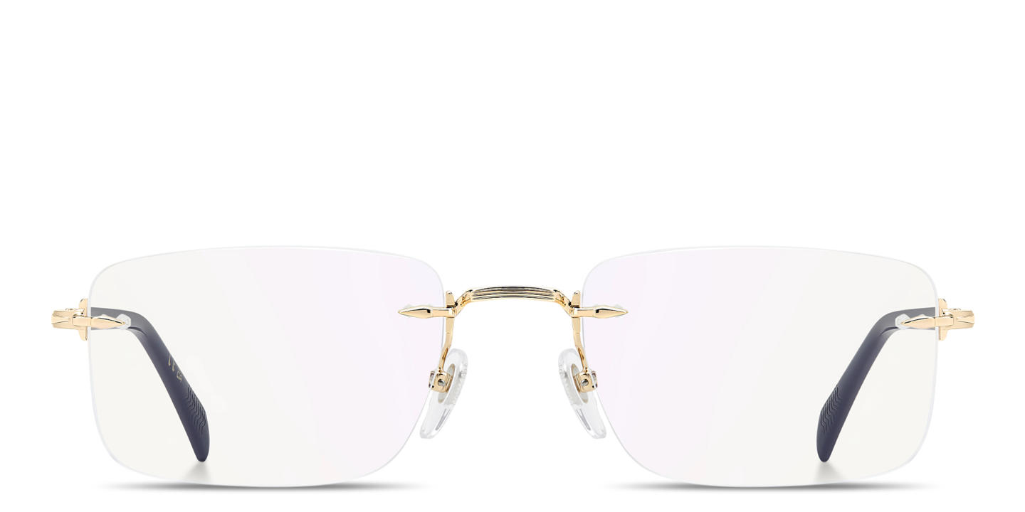 Shop DAVID BECKHAM Curator Collection Wide Rimless Rectangle Eyeglasses With Blue Light Filter Lenses in Polished Gold online.