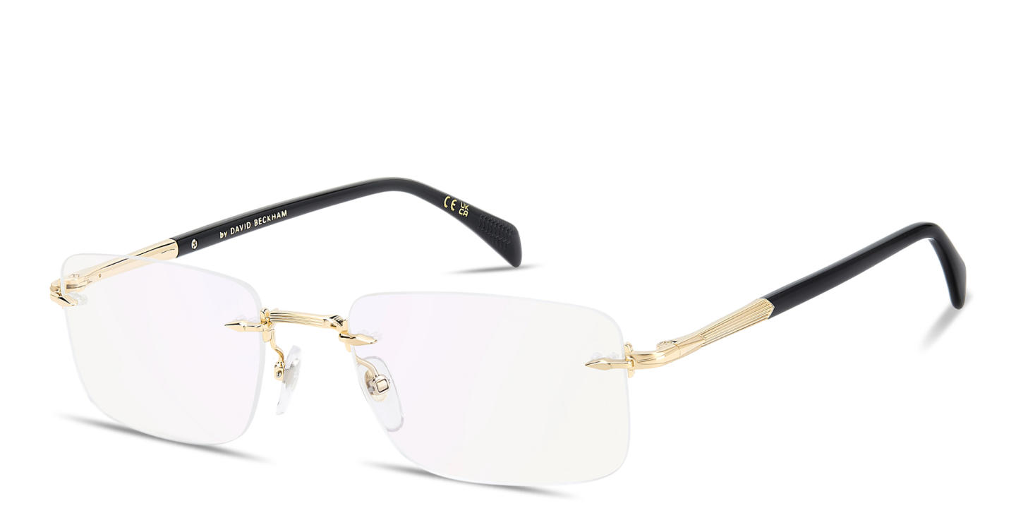 Shop DAVID BECKHAM Curator Collection Wide Rimless Rectangle Eyeglasses With Blue Light Filter Lenses in Polished Gold online.