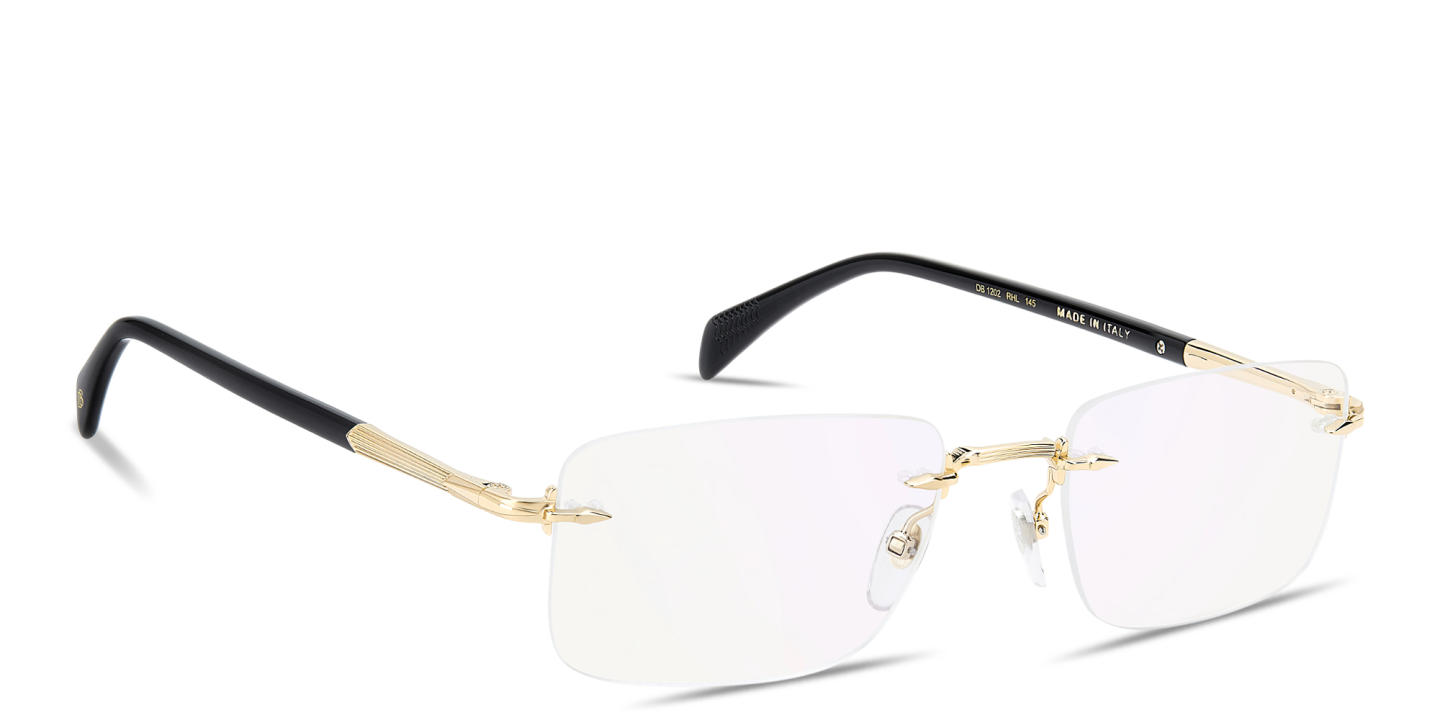 Shop DAVID BECKHAM Curator Collection Wide Rimless Rectangle Eyeglasses With Blue Light Filter Lenses in Polished Gold online.