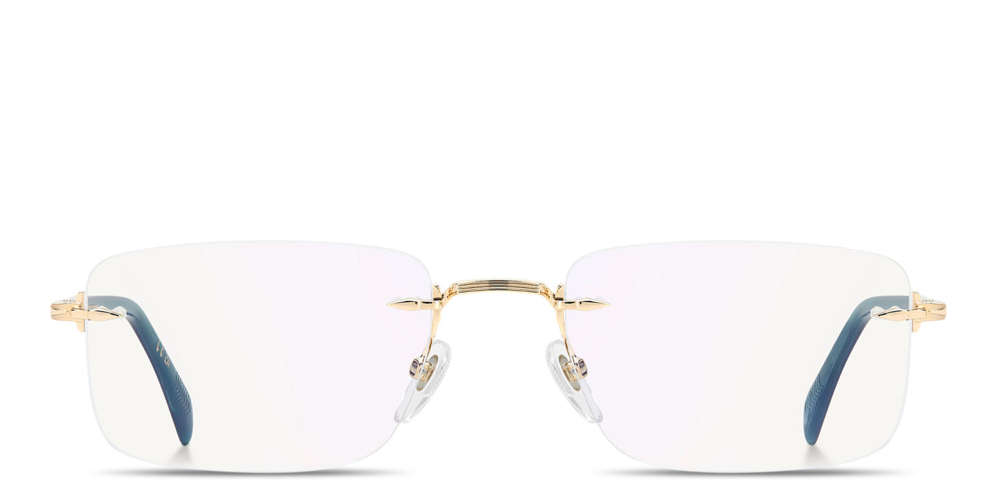 Shop DAVID BECKHAM Curator Collection Wide Rimless Rectangle Eyeglasses With Blue Light Filter Lenses in Gold online.