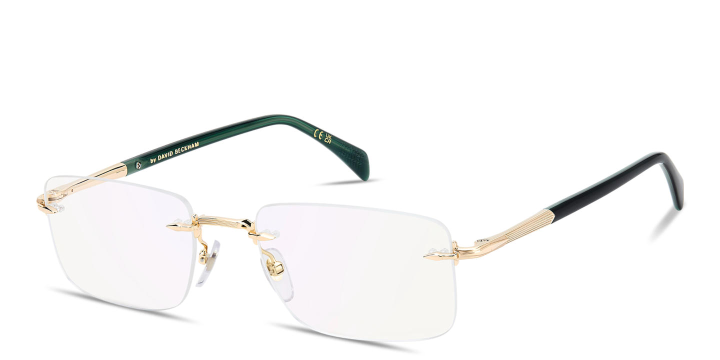 Shop DAVID BECKHAM Curator Collection Wide Rimless Rectangle Eyeglasses With Blue Light Filter Lenses in Gold online.