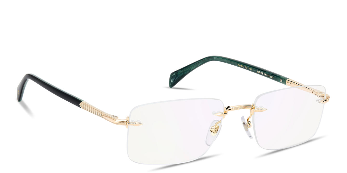 Shop DAVID BECKHAM Curator Collection Wide Rimless Rectangle Eyeglasses With Blue Light Filter Lenses in Gold online.
