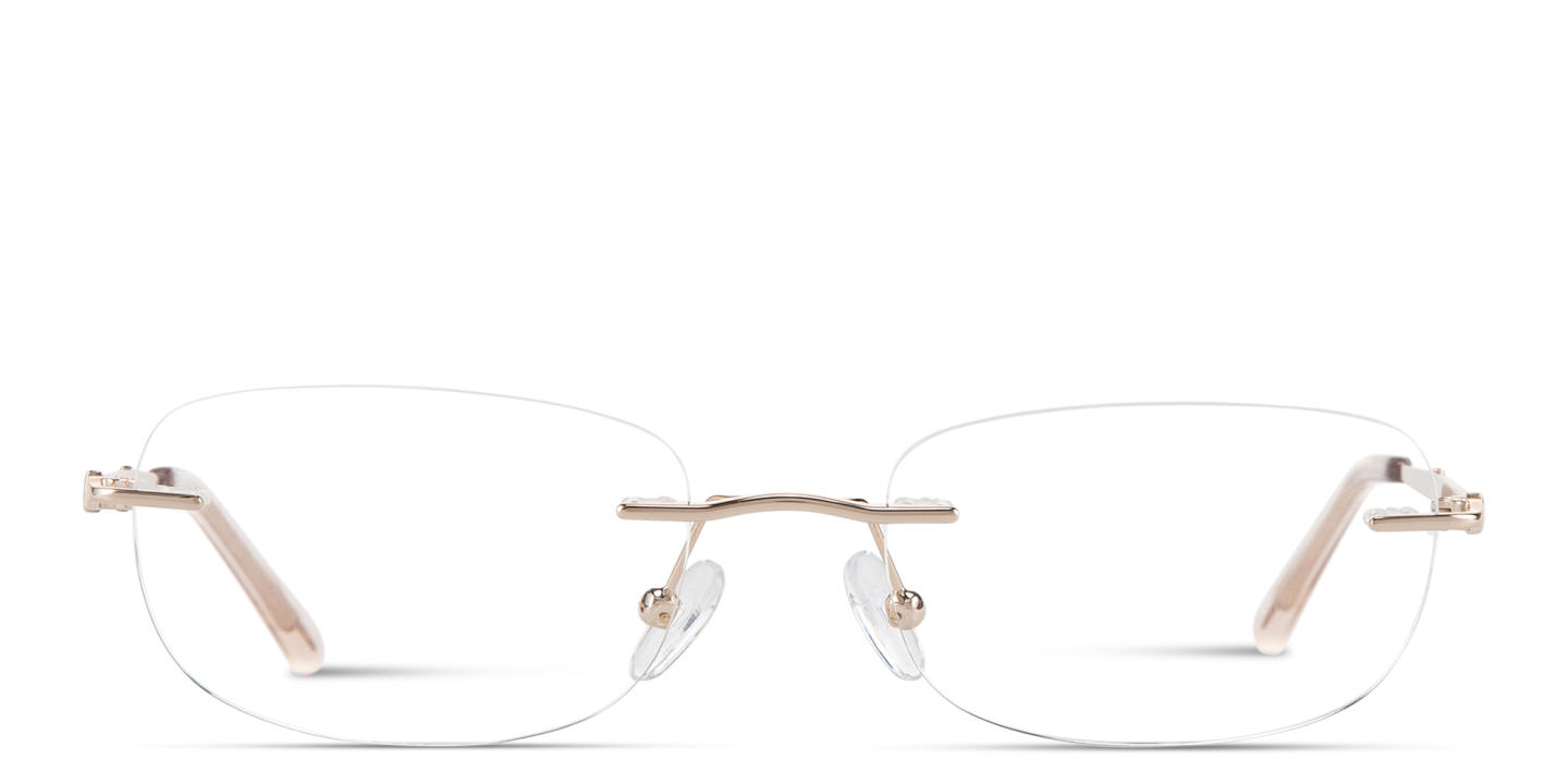 Shop TRICE Logo Rimless Rectangle Eyeglasses in Shiny Gold online.