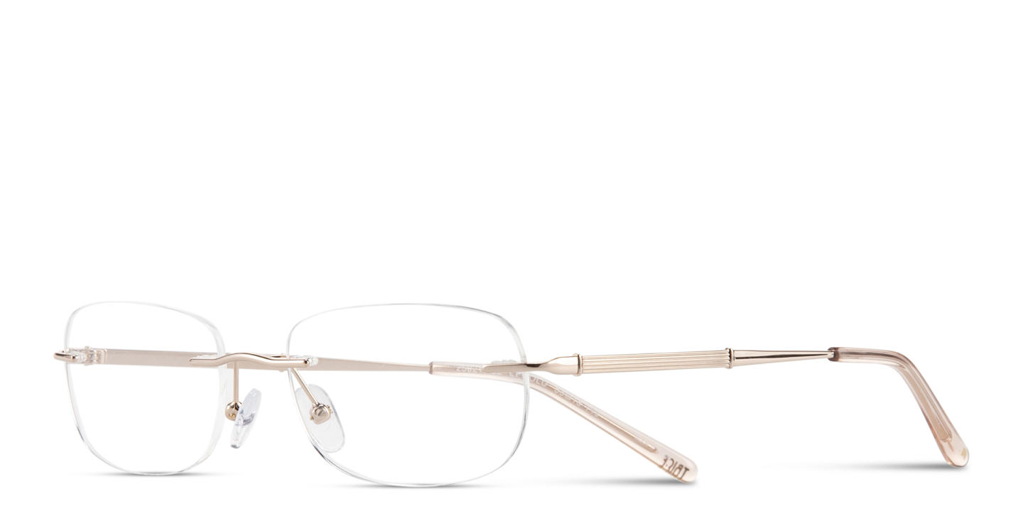 Shop TRICE Logo Rimless Rectangle Eyeglasses in Shiny Gold online.