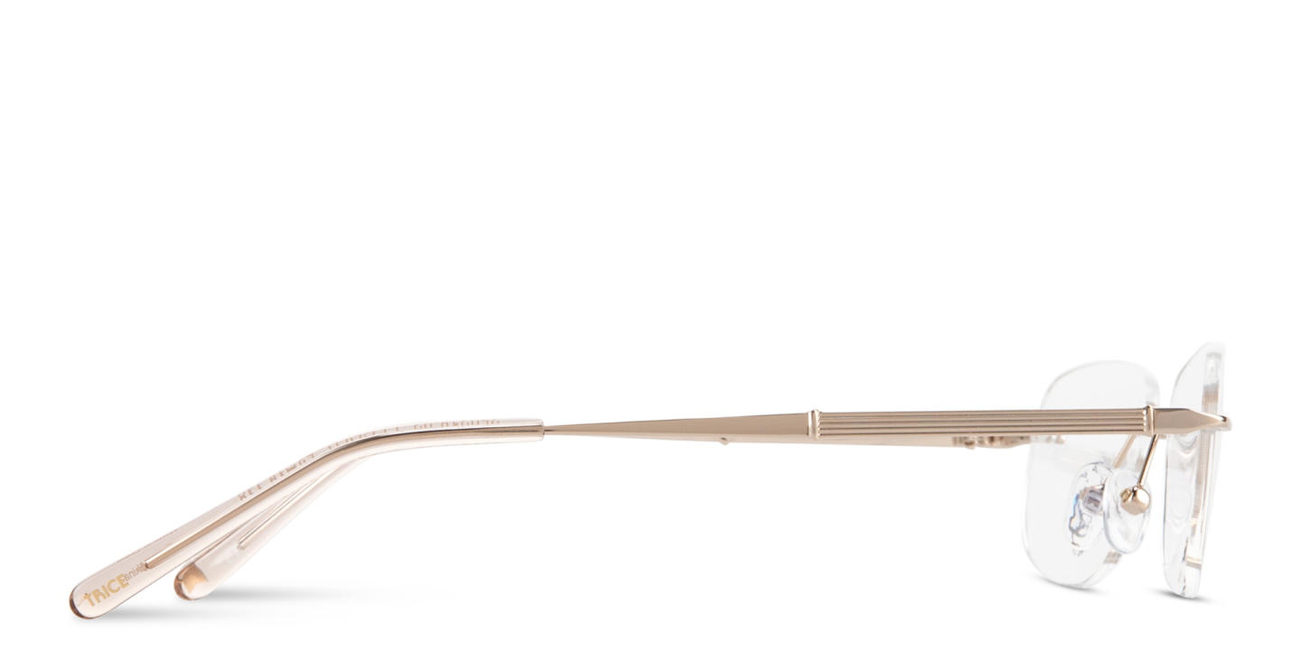 Shop TRICE Logo Rimless Rectangle Eyeglasses in Shiny Gold online.