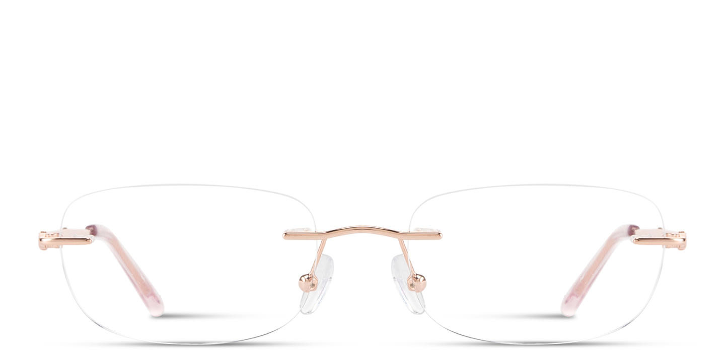 Shop TRICE Logo Rimless Rectangle Eyeglasses in Rose Gold online.