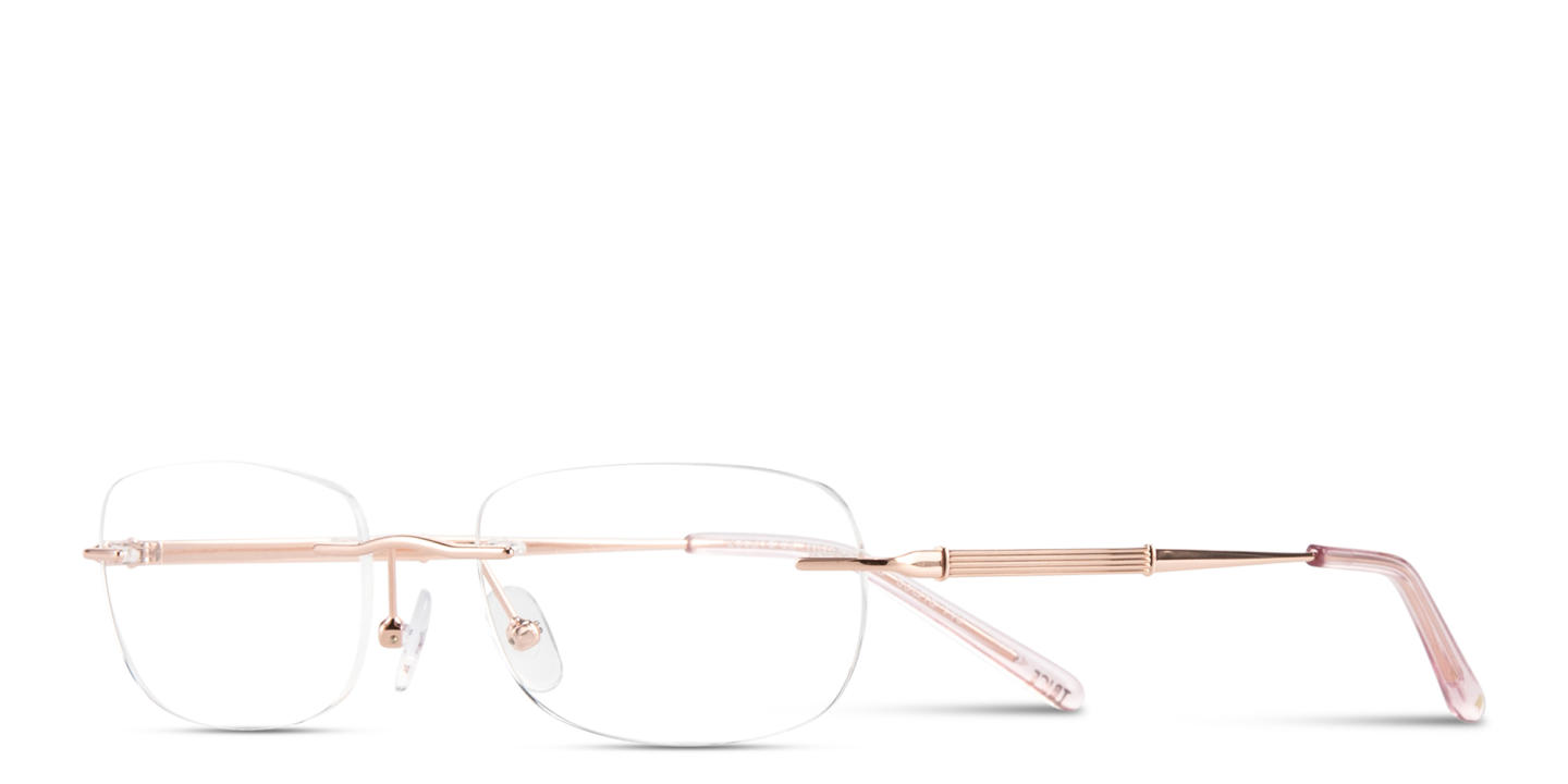 Shop TRICE Logo Rimless Rectangle Eyeglasses in Rose Gold online.