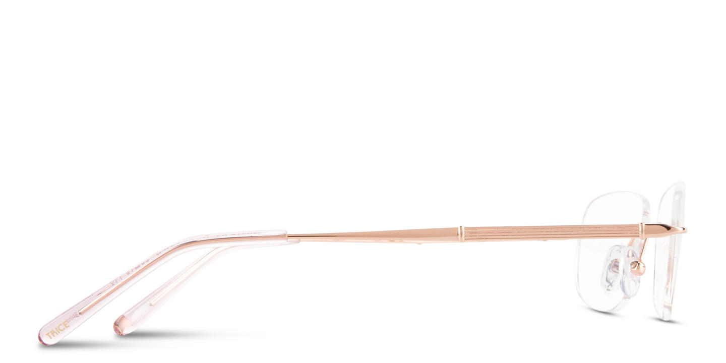 Shop TRICE Logo Rimless Rectangle Eyeglasses in Rose Gold online.