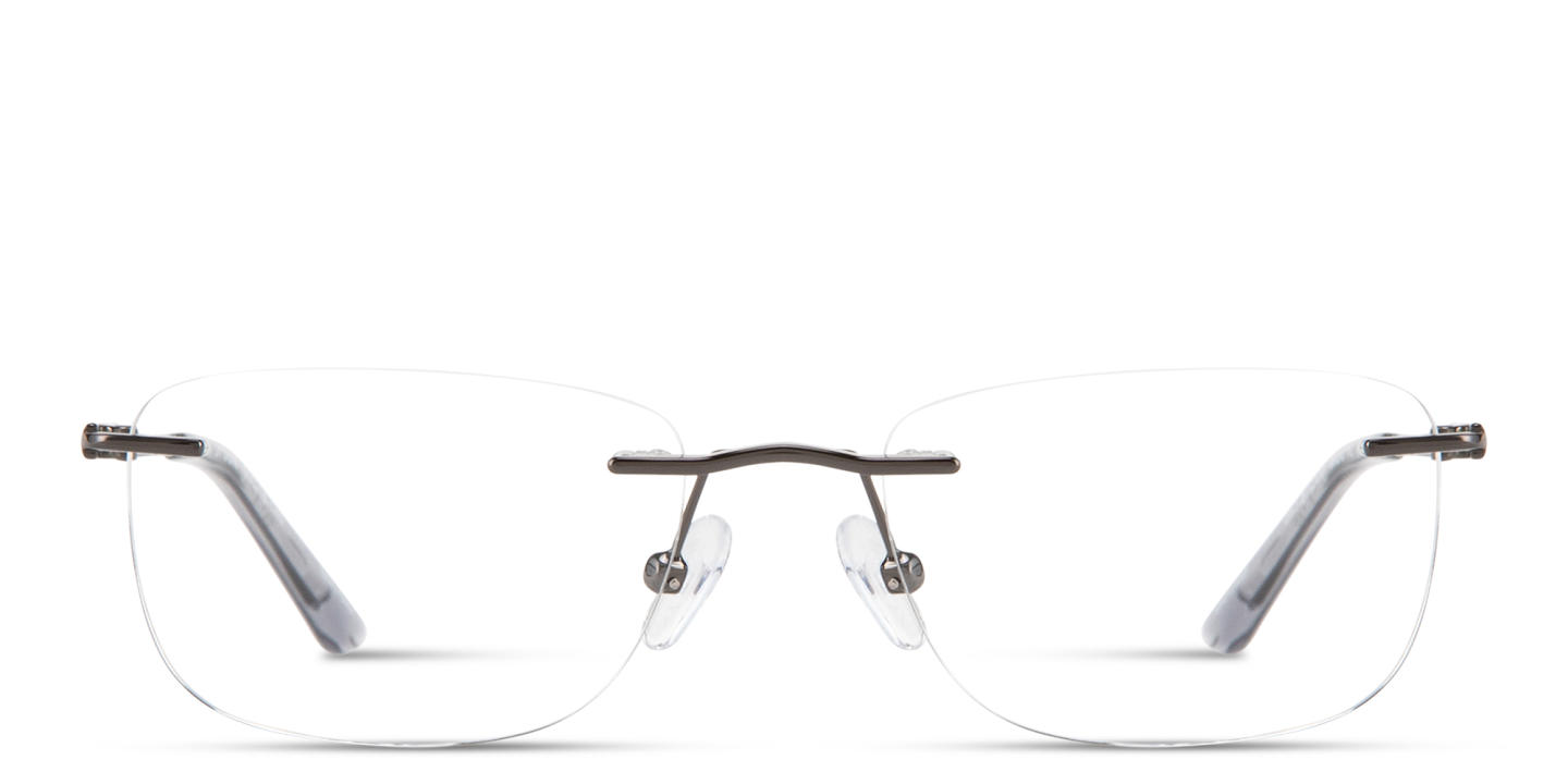Shop TRICE Logo Rimless Rectangle Eyeglasses in Dark Gunmetal online.