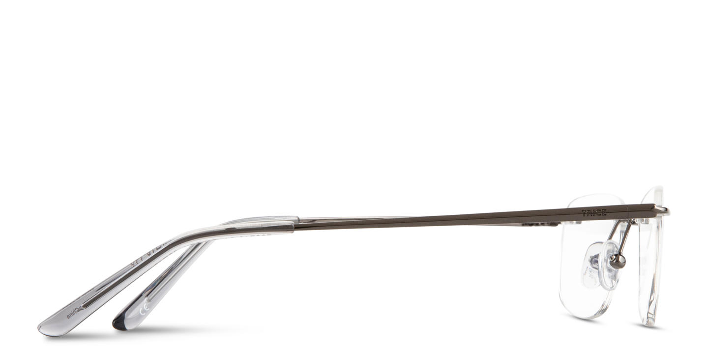 Shop TRICE Logo Rimless Rectangle Eyeglasses in Dark Gunmetal online.