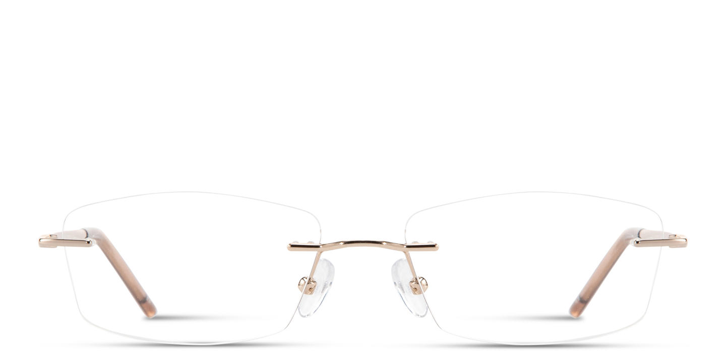 Shop TRICE Engraved Logo Rimless Rectangle Eyeglasses in Polished Gold online.