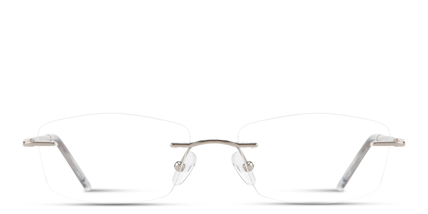 Shop TRICE Engraved Logo Rimless Rectangle Eyeglasses in Silver online.