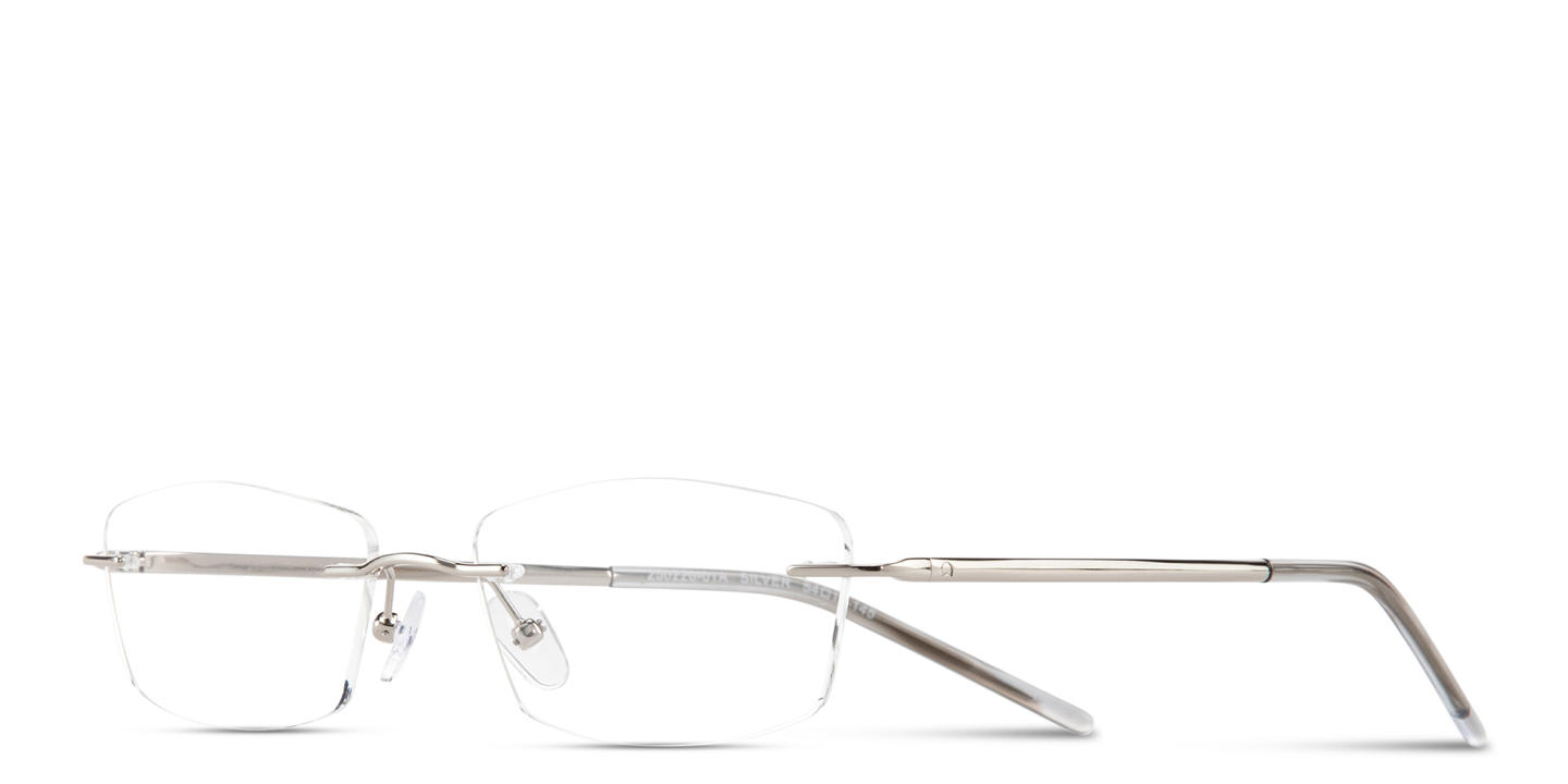 Shop TRICE Engraved Logo Rimless Rectangle Eyeglasses in Silver online.