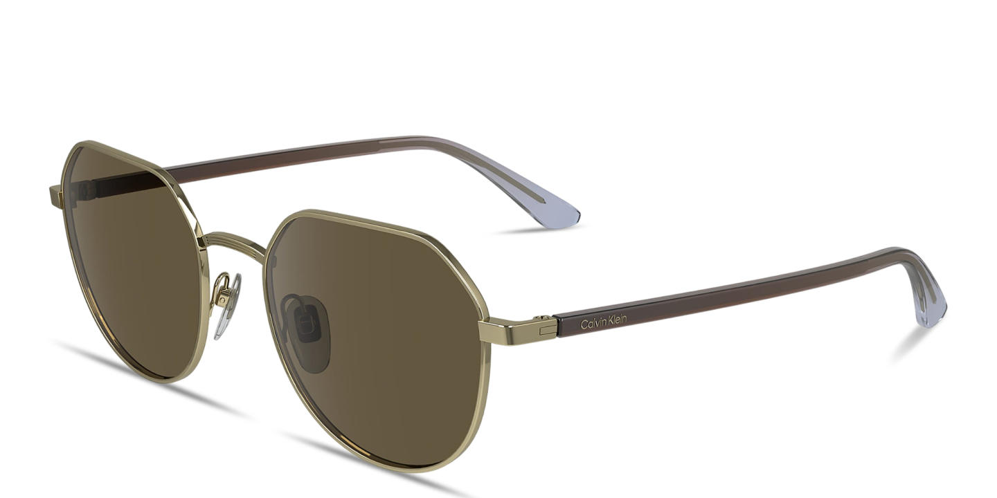 Shop Calvin Klein Engraved Logo Unisex Irregular Sunglasses in Gold online.