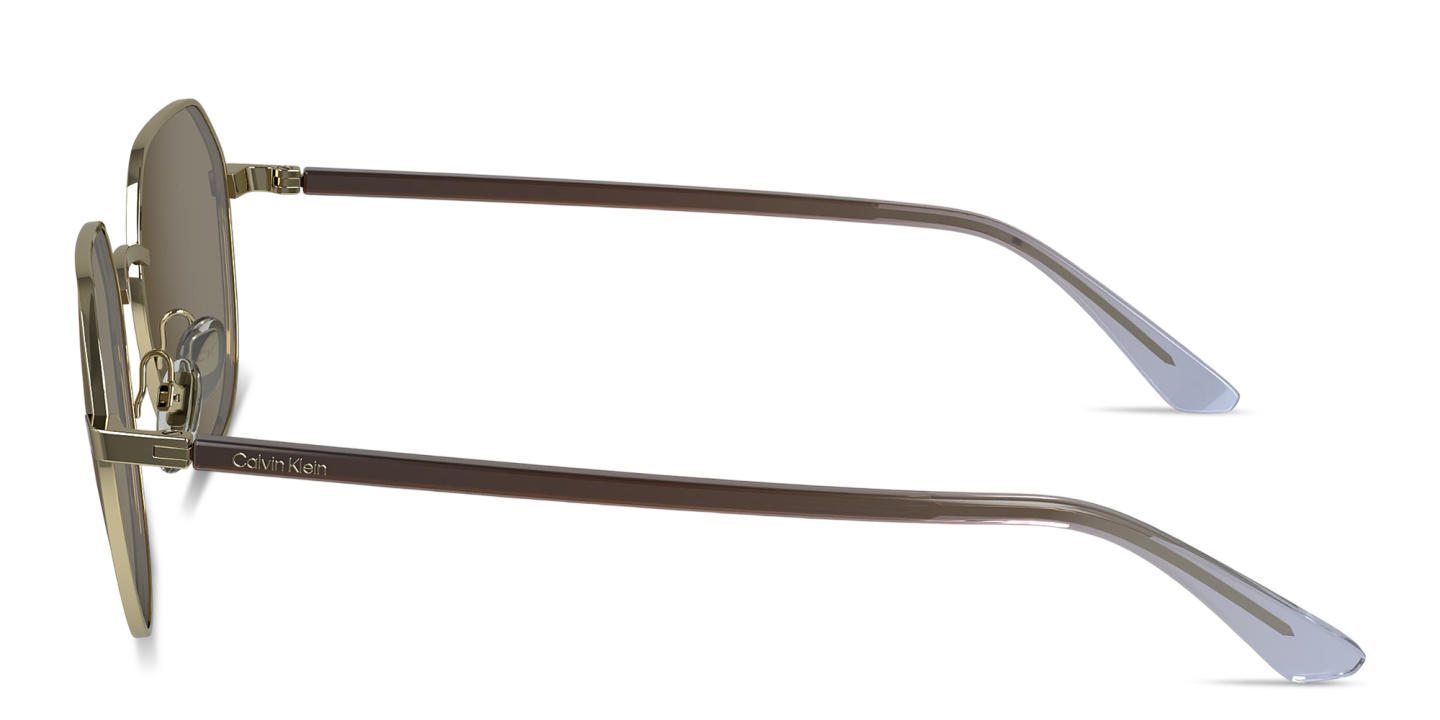 Shop Calvin Klein Engraved Logo Unisex Irregular Sunglasses in Gold online.