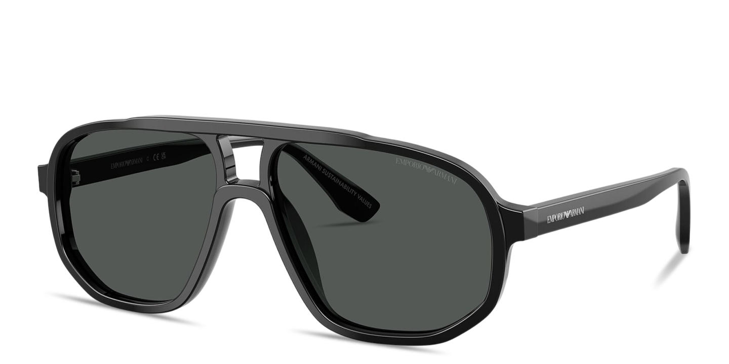 Shop Emporio Armani Logo Print Pilot Sunglasses in Shiny Black online.