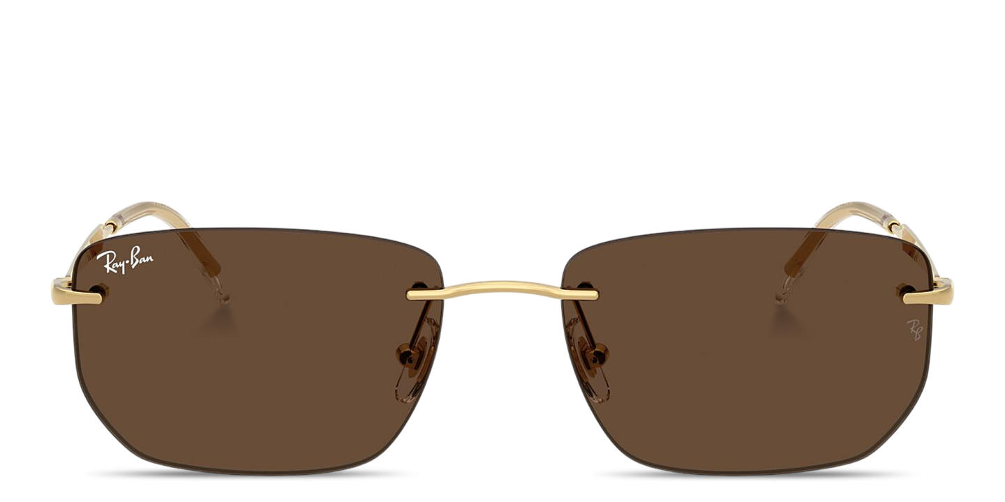 Shop Ray-Ban Logo Signature Unisex Rimless Irregular Sunglasses in Arista Gold online.