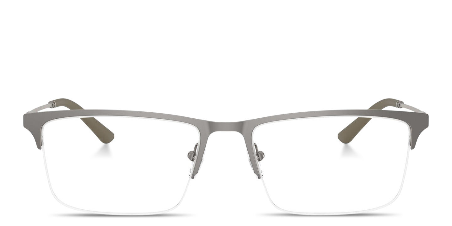 Shop Emporio Armani Eagle Logo Half-Rim Wide Rectangle Eyeglasses in Matte Grey online.