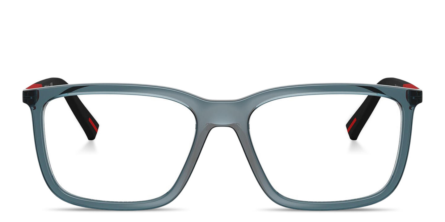 Shop Prada Linea Rossa Logo Signature Pillow Eyeglasses in Transparent Blue online.
