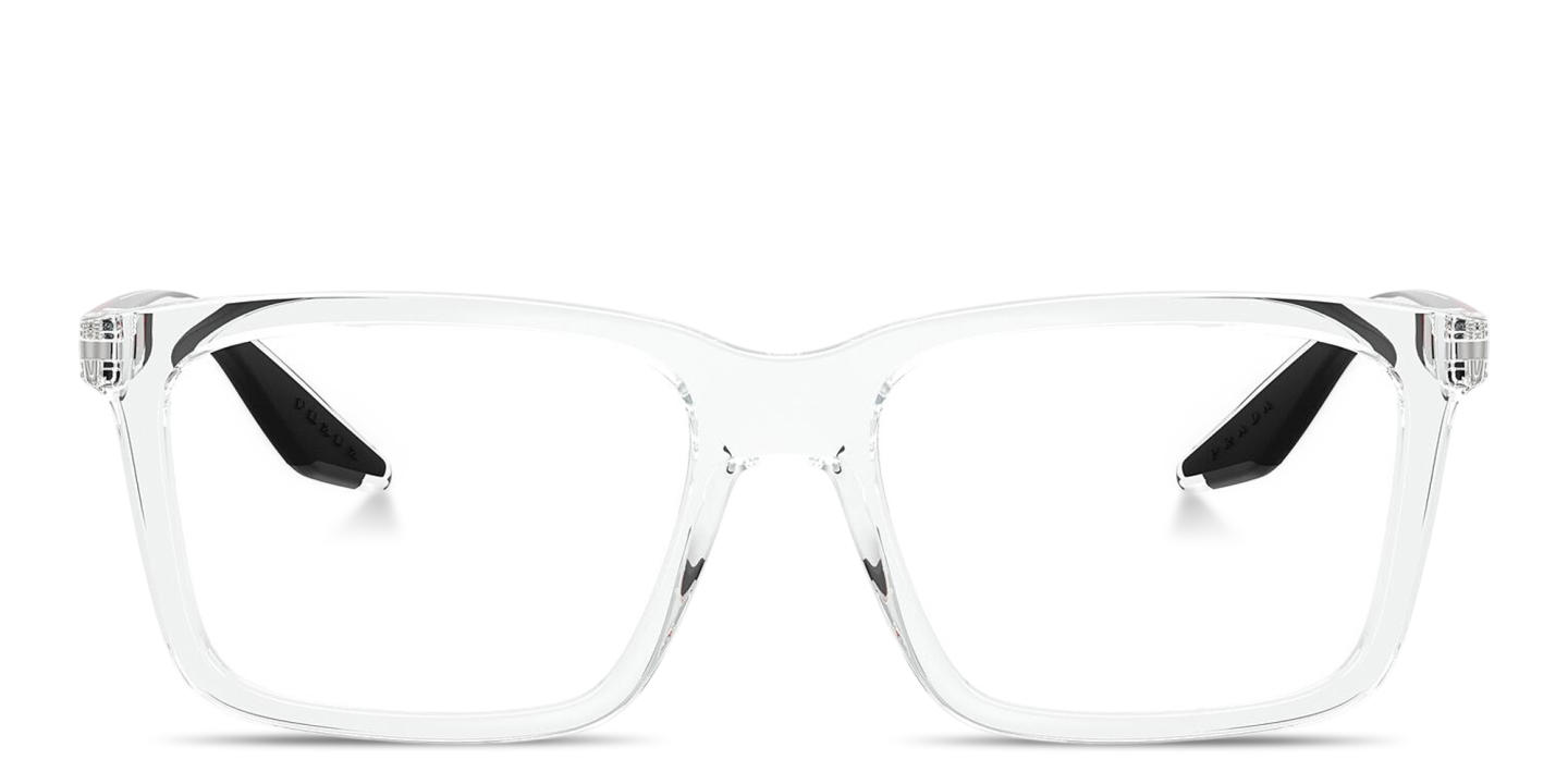 Shop Prada Linea Rossa Logo Signature Wide Rectangle Eyeglasses in Crystal online.