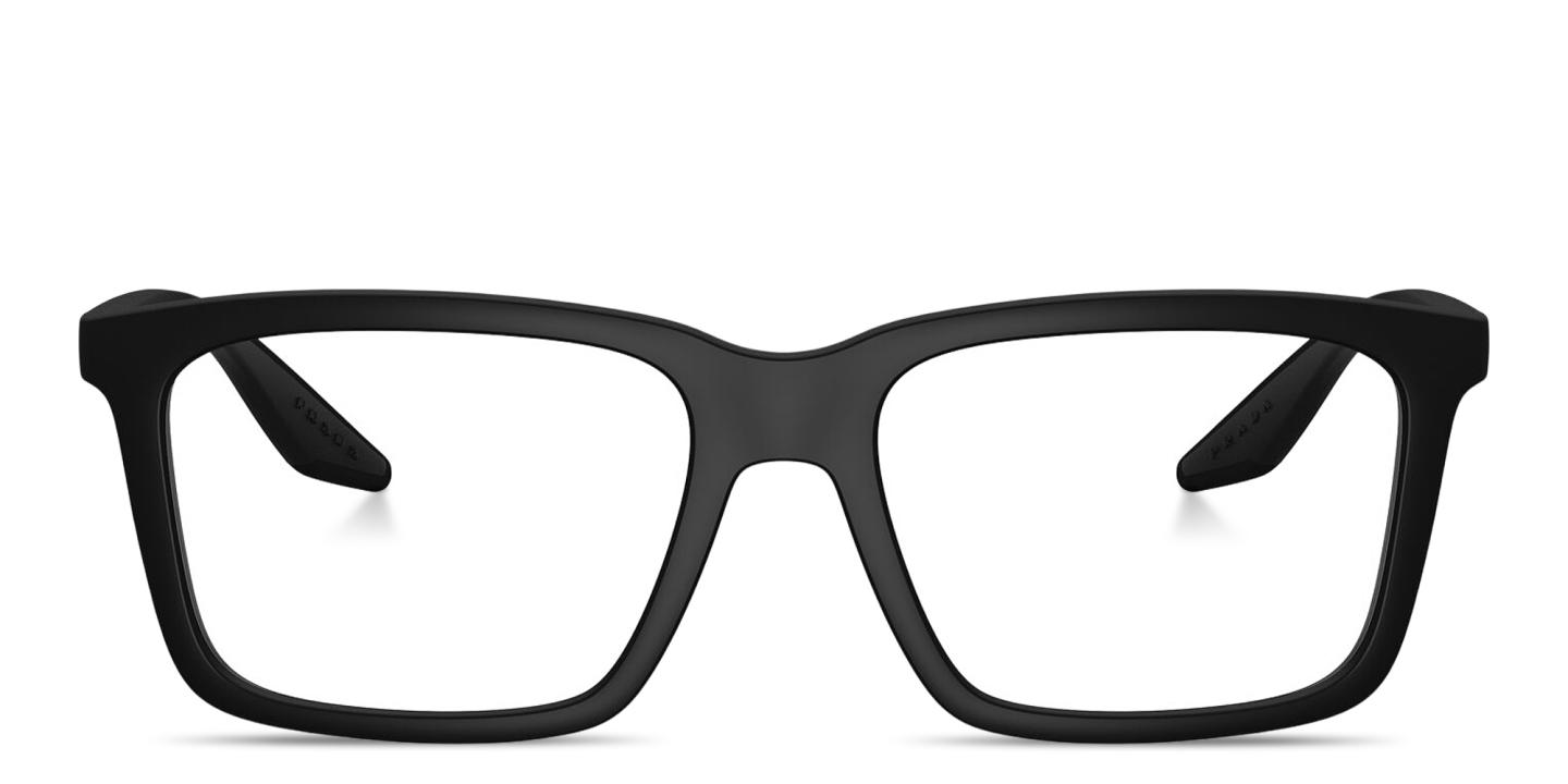 Shop Prada Linea Rossa Logo Signature Wide Rectangle Eyeglasses in Rubber Black online.