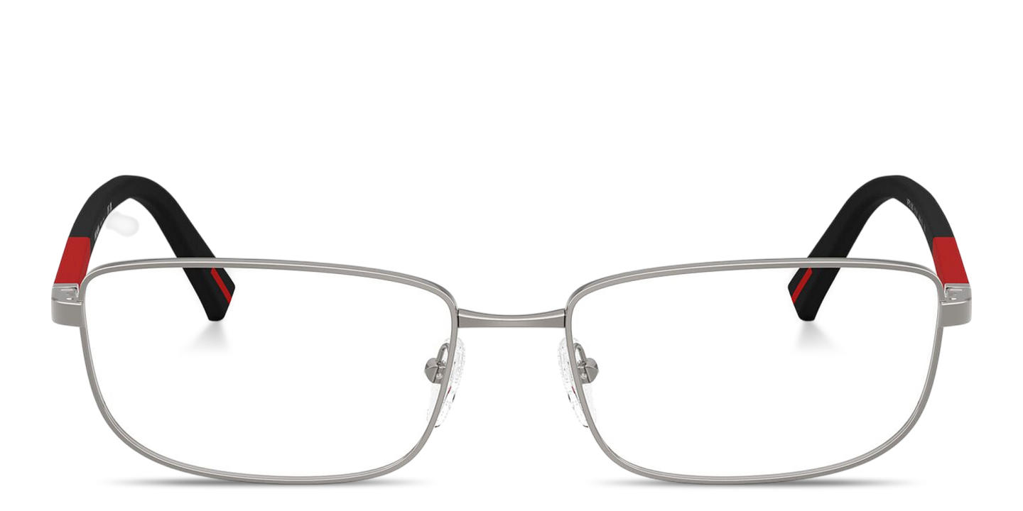 Shop Prada Linea Rossa Logo Lettering Wide Pillow Eyeglasses in Matte Gunmetal online.