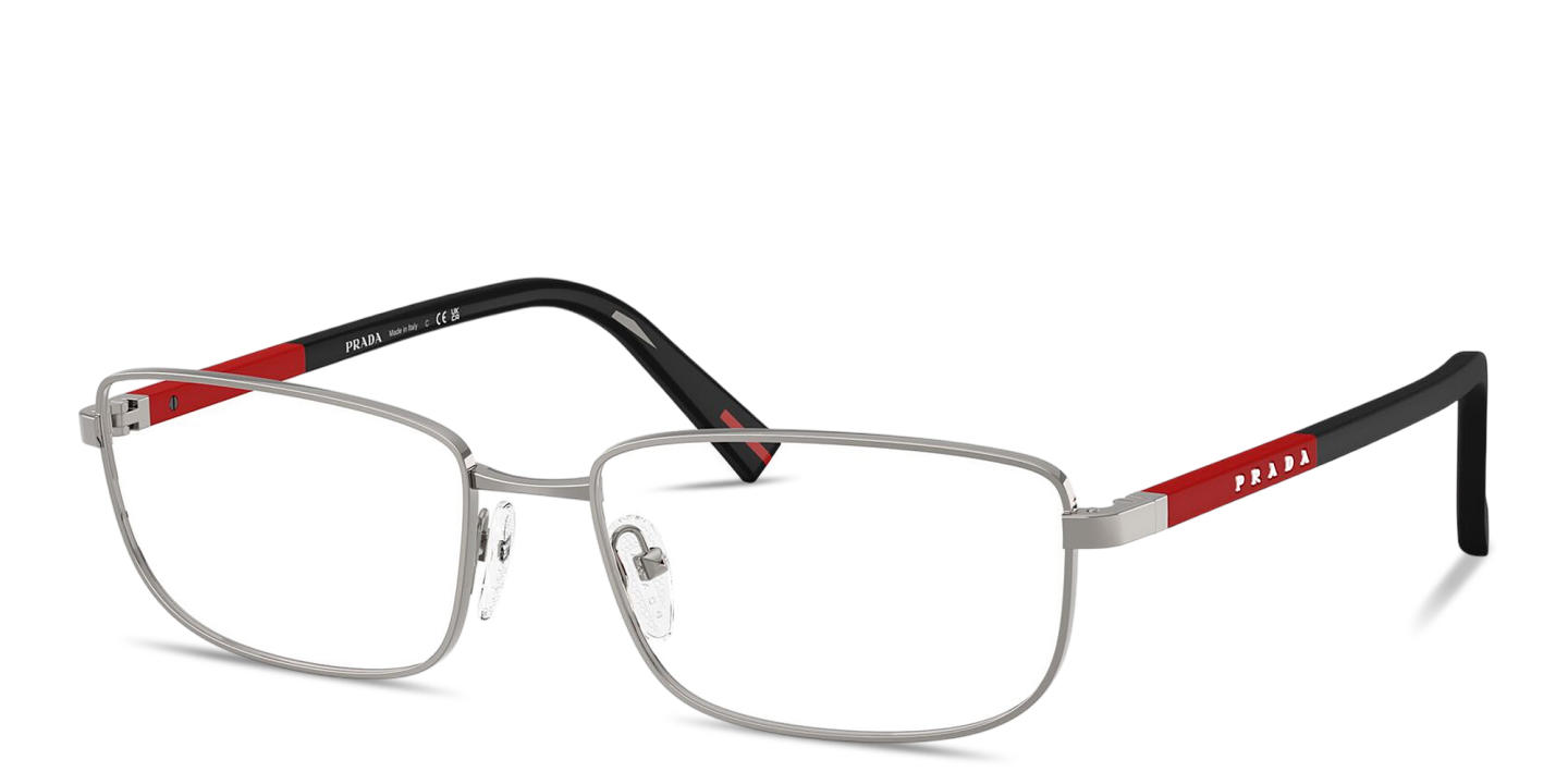 Shop Prada Linea Rossa Logo Lettering Wide Pillow Eyeglasses in Matte Gunmetal online.