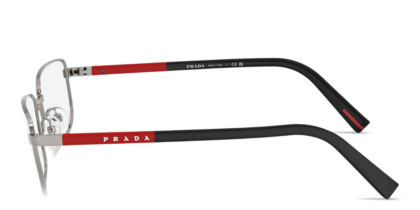 Shop Prada Linea Rossa Logo Lettering Wide Pillow Eyeglasses in Matte Gunmetal online.