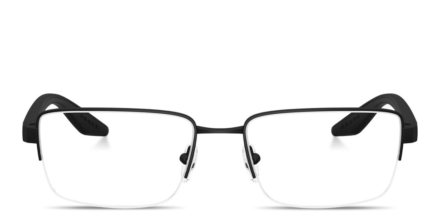 Shop Prada Linea Rossa Logo Signature Half-Rim Pillow Eyeglasses in Rubber Black online.
