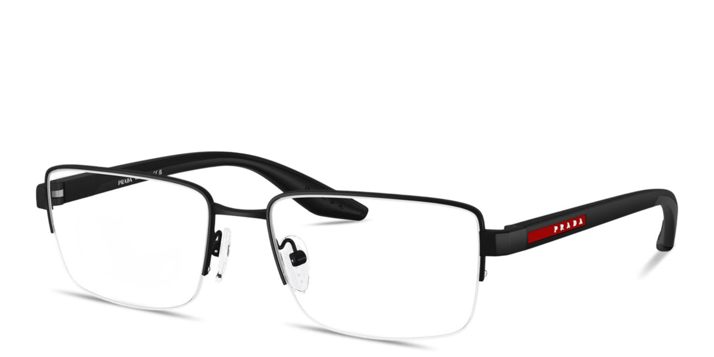 Shop Prada Linea Rossa Logo Signature Half-Rim Wide Pillow Eyeglasses in Matte Black online.