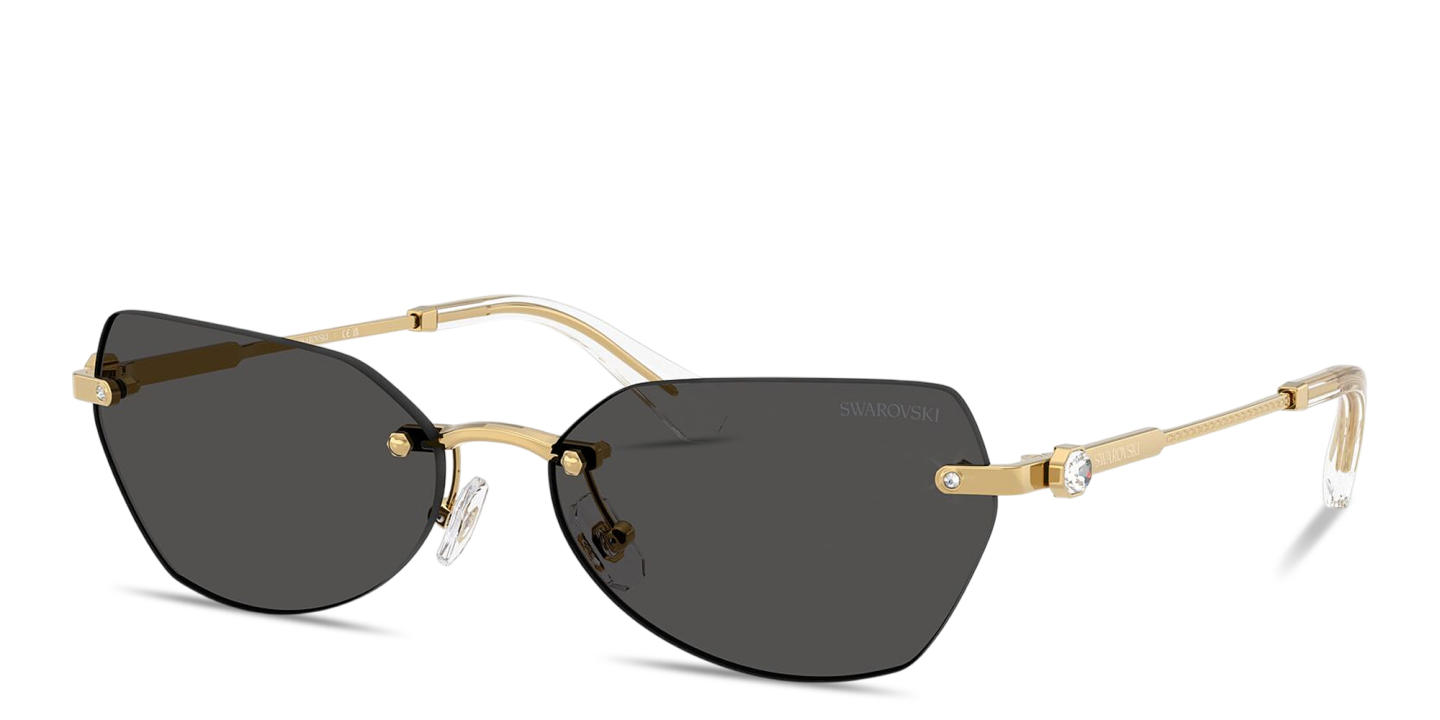 Shop Swarovski Crystal-Embellished Rimless Irregular Sunglasses in Gold online.