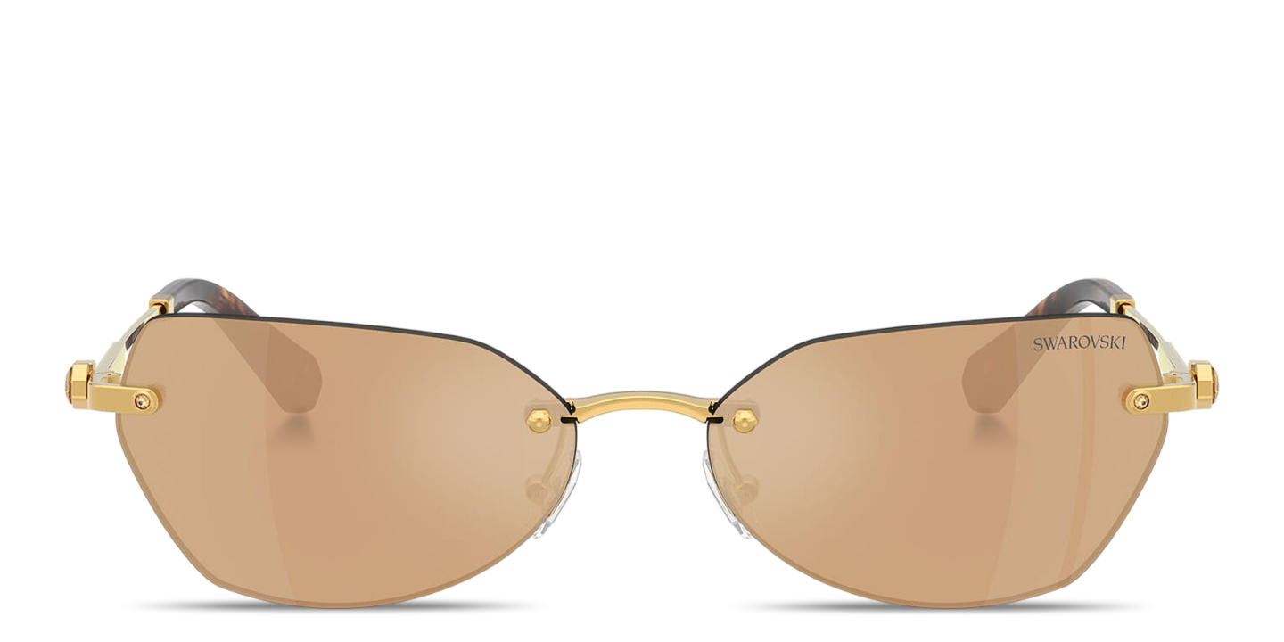 Shop Swarovski Crystal-Embellished Rimless Irregular Sunglasses in Gold online.