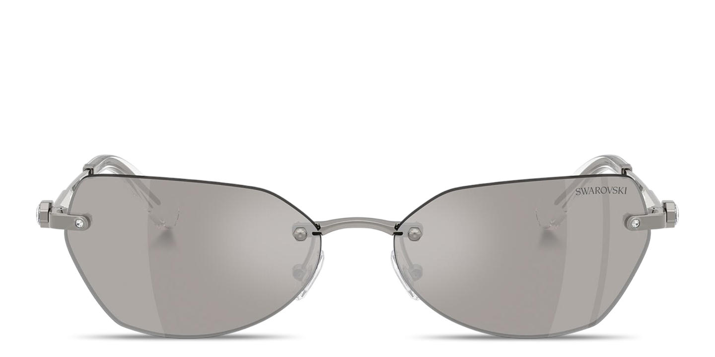 Shop Swarovski Crystal-Embellished Rimless Irregular Sunglasses in Gunmetal online.