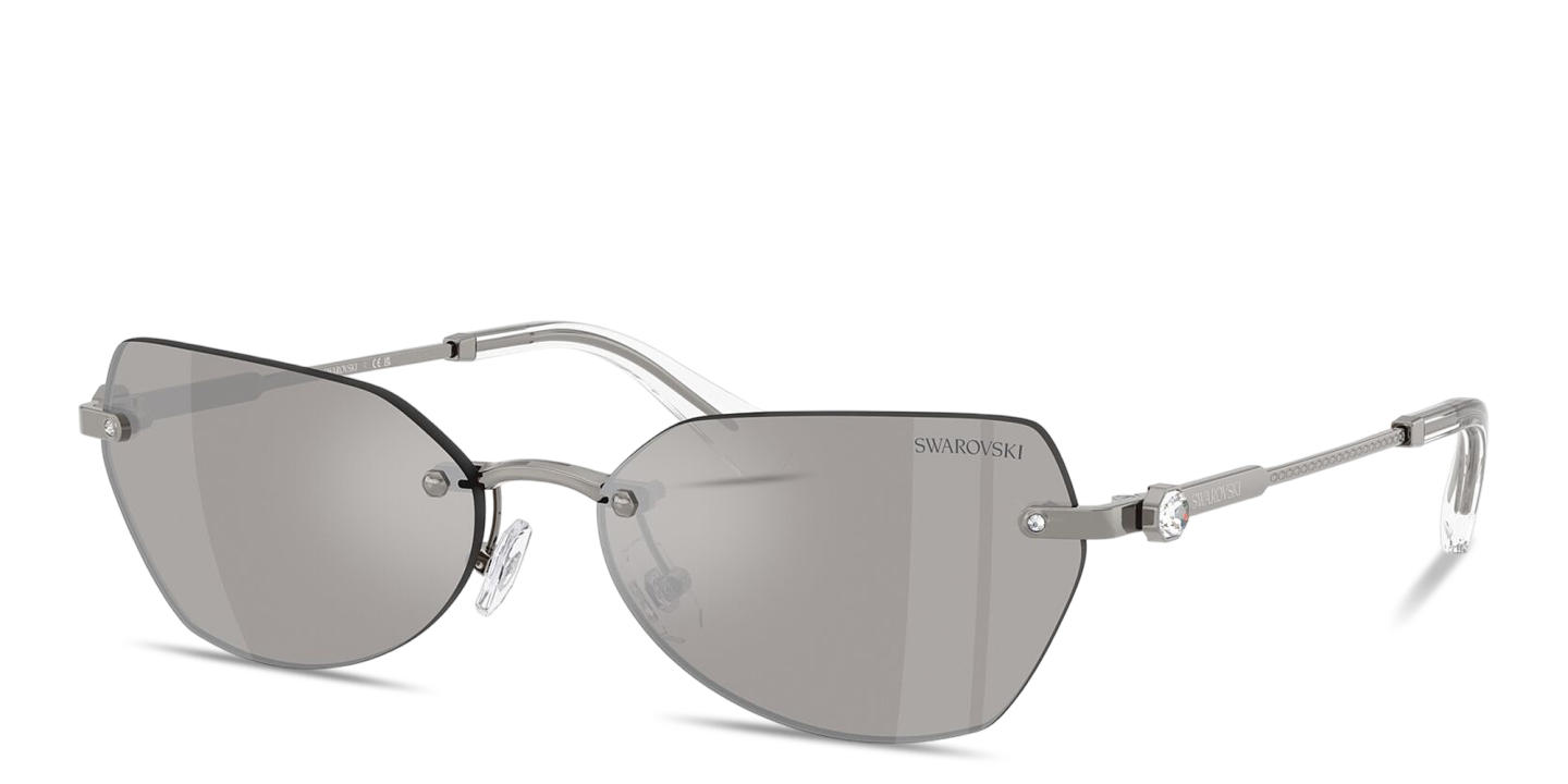 Shop Swarovski Crystal-Embellished Rimless Irregular Sunglasses in Gunmetal online.