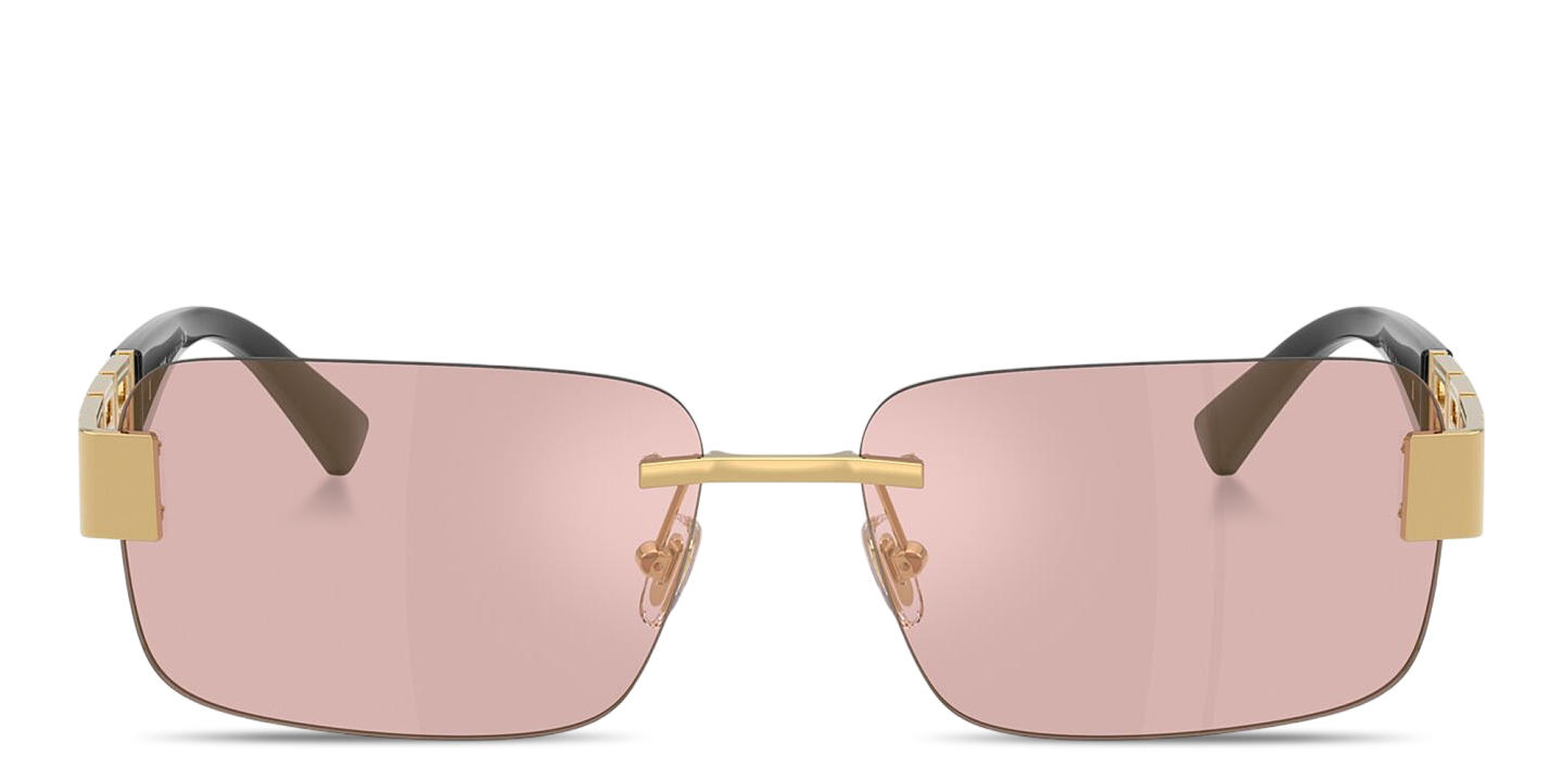 Shop VERSACE Greca Rimless Rectangle Sunglasses in Gold online.