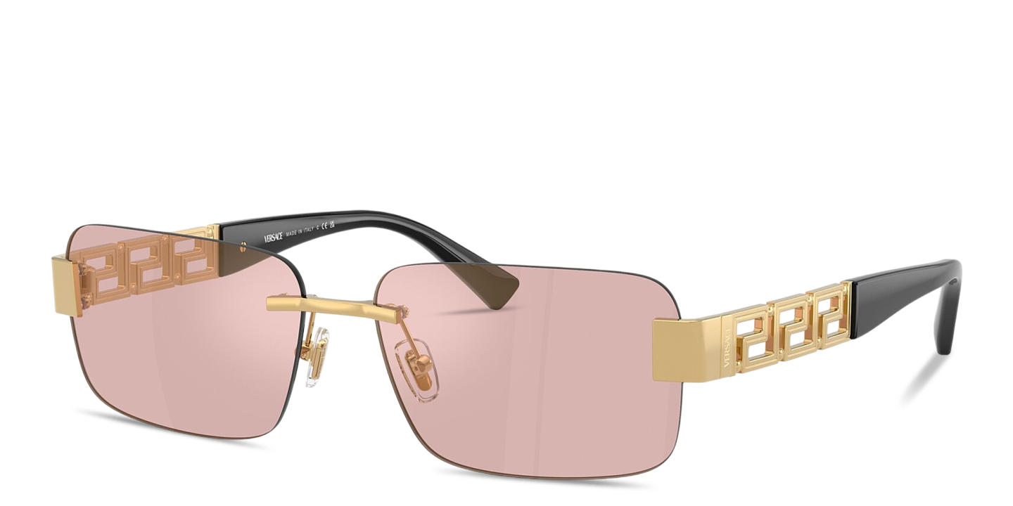 Shop VERSACE Greca Rimless Rectangle Sunglasses in Gold online.