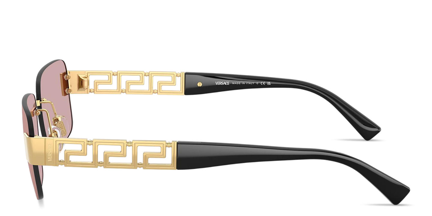 Shop VERSACE Greca Rimless Rectangle Sunglasses in Gold online.