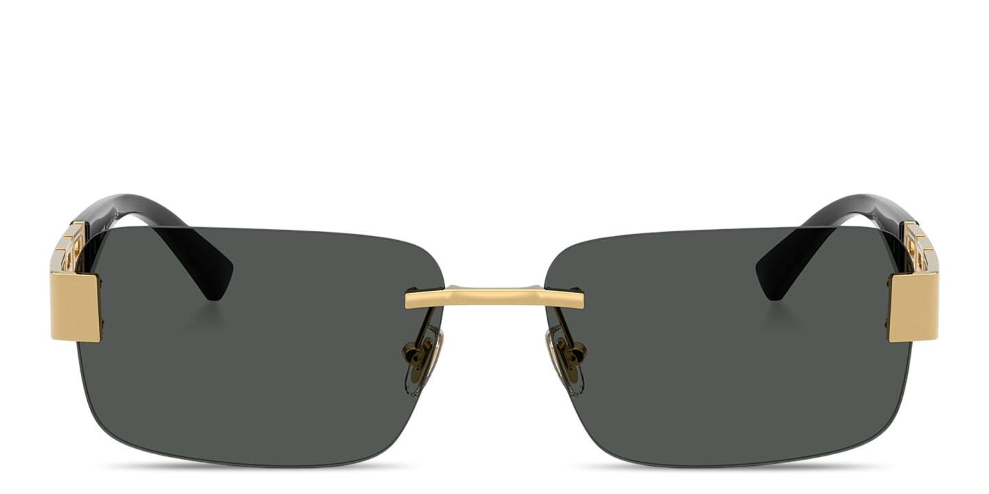 Shop VERSACE Greca Rimless Rectangle Sunglasses in Gold online.