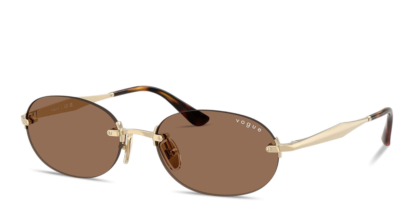 Shop Vogue Eyewear Engraved Logo Rimless Oval Sunglasses in Pale Gold online.