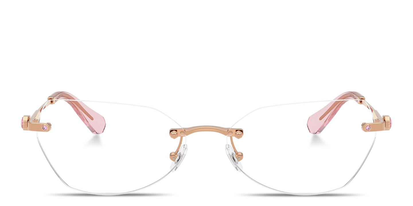 Shop Swarovski Crystal Rimless Wide Irregular Eyeglasses in Rose Gold online.