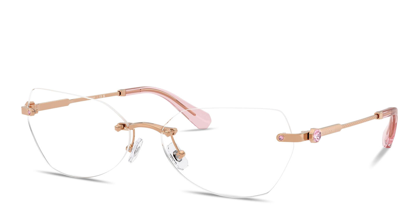 Shop Swarovski Crystal Rimless Wide Irregular Eyeglasses in Rose Gold online.