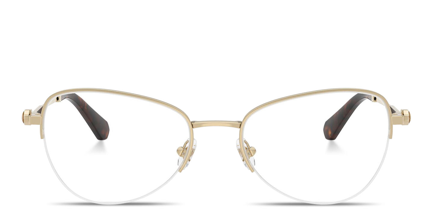 Shop Swarovski Crystal Wide Half-Rim Cat-Eye Eyeglasses in Pale Gold online.