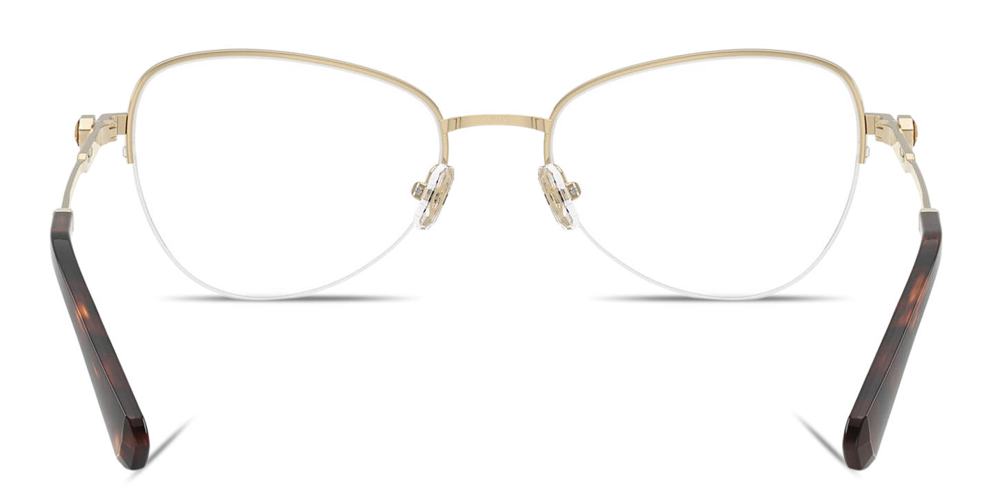 Shop Swarovski Crystal Wide Half-Rim Cat-Eye Eyeglasses in Pale Gold online.