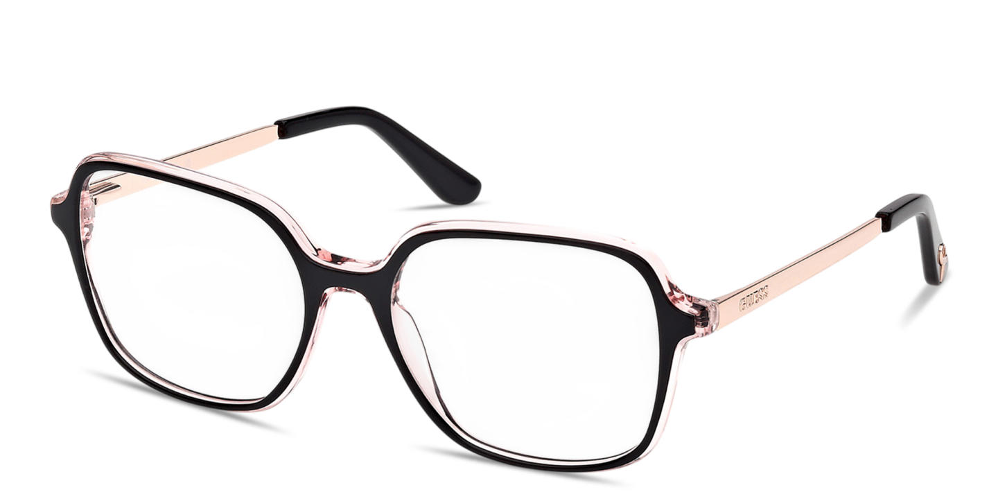 Shop Guess Engraved Logo Wide Square Eyeglasses in Black online.