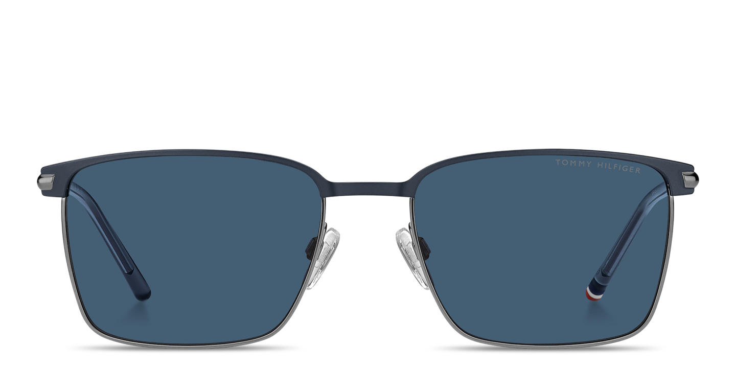 Shop Tommy Hilfiger Engraved Logo Square Sunglasses in Blue & Ruthenium online.