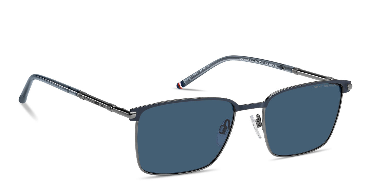 Shop Tommy Hilfiger Engraved Logo Square Sunglasses in Blue & Ruthenium online.